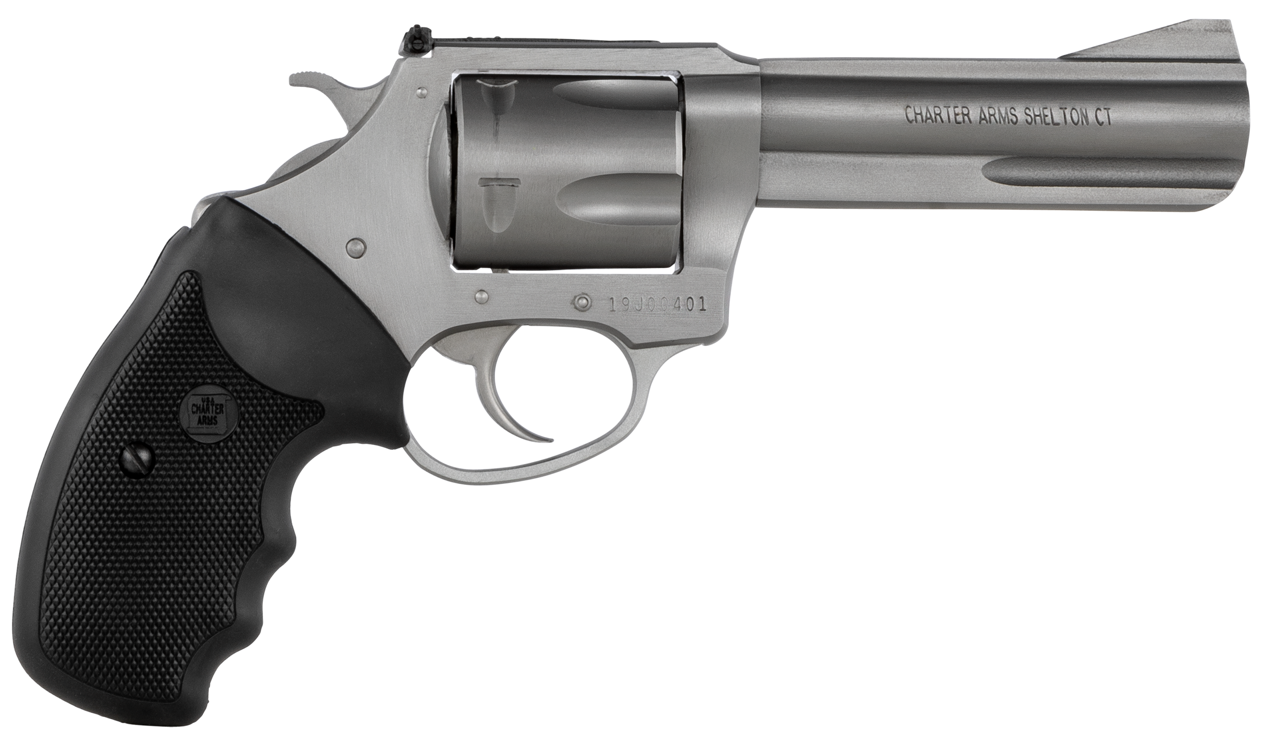 Charter Arms 74042 Pitbull 40 S&W 5 Shot 4.20" Matte Stainless Steel Barrel, Cylinder & Frame w/Black Finger Grooved Rubber Grip
