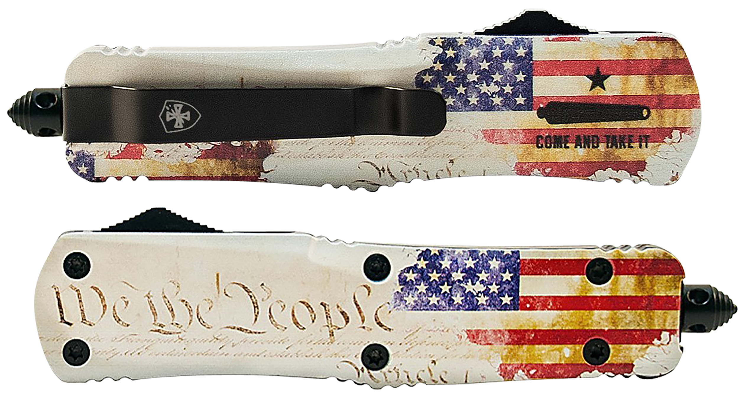 Templar Knife SWTP131 Gen II We The People Small 2.69" OTF Dagger Plain Black Oxide Stonewashed 440C SS Blade, 4.31" White w/Flag & "We The People" Aluminum Handle, Glass Breaker