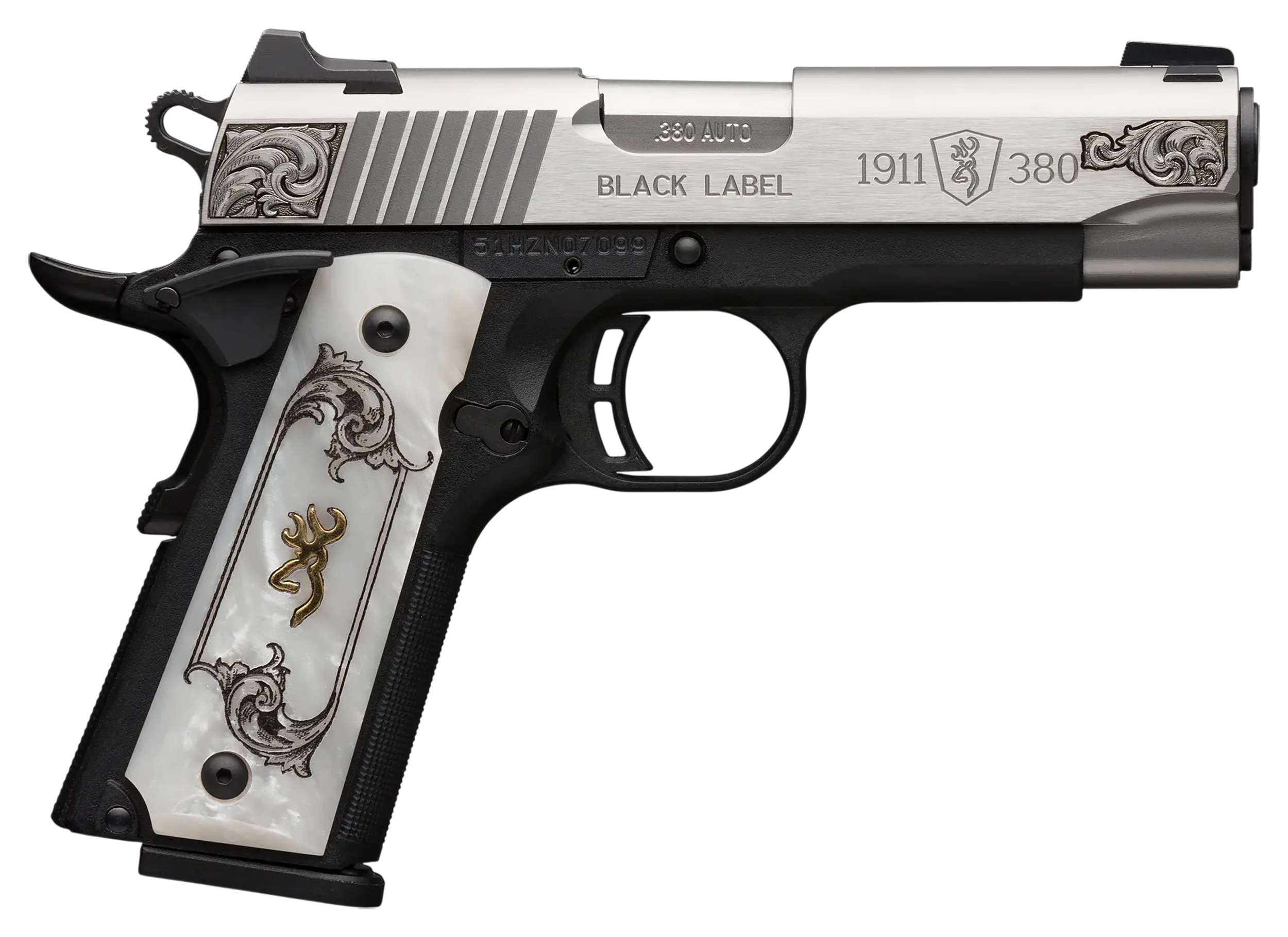 Browning 051967492 1911 Black Label Medallion Compact 380 ACP 8+1 3.63" Matte Stainless Stainless Steel Barrel & Serrated Slide, Matte Black Polymer Frame w/Beavertail, White Imitation Pearl Grip