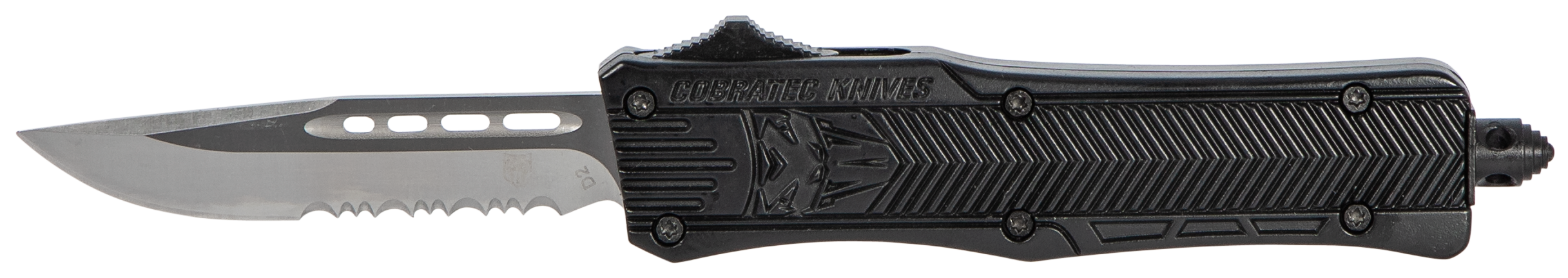 CobraTec Knives SBCTK1SDS CTK-1 Small 2.75" OTF Drop Point Part Serrated D2 Steel Blade/ Black Aluminum Handle Features Glass Breaker Includes Pocket Clip