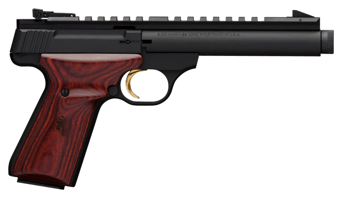 Browning 051527490 Buck Mark Field Target SR 22 LR 10+1 5.50" Black Threaded Bull Barrel, Matte Black Aluminum Frame, Picatinny Rail Receiver, Laminate Cocobolo Target Grip, Right Hand