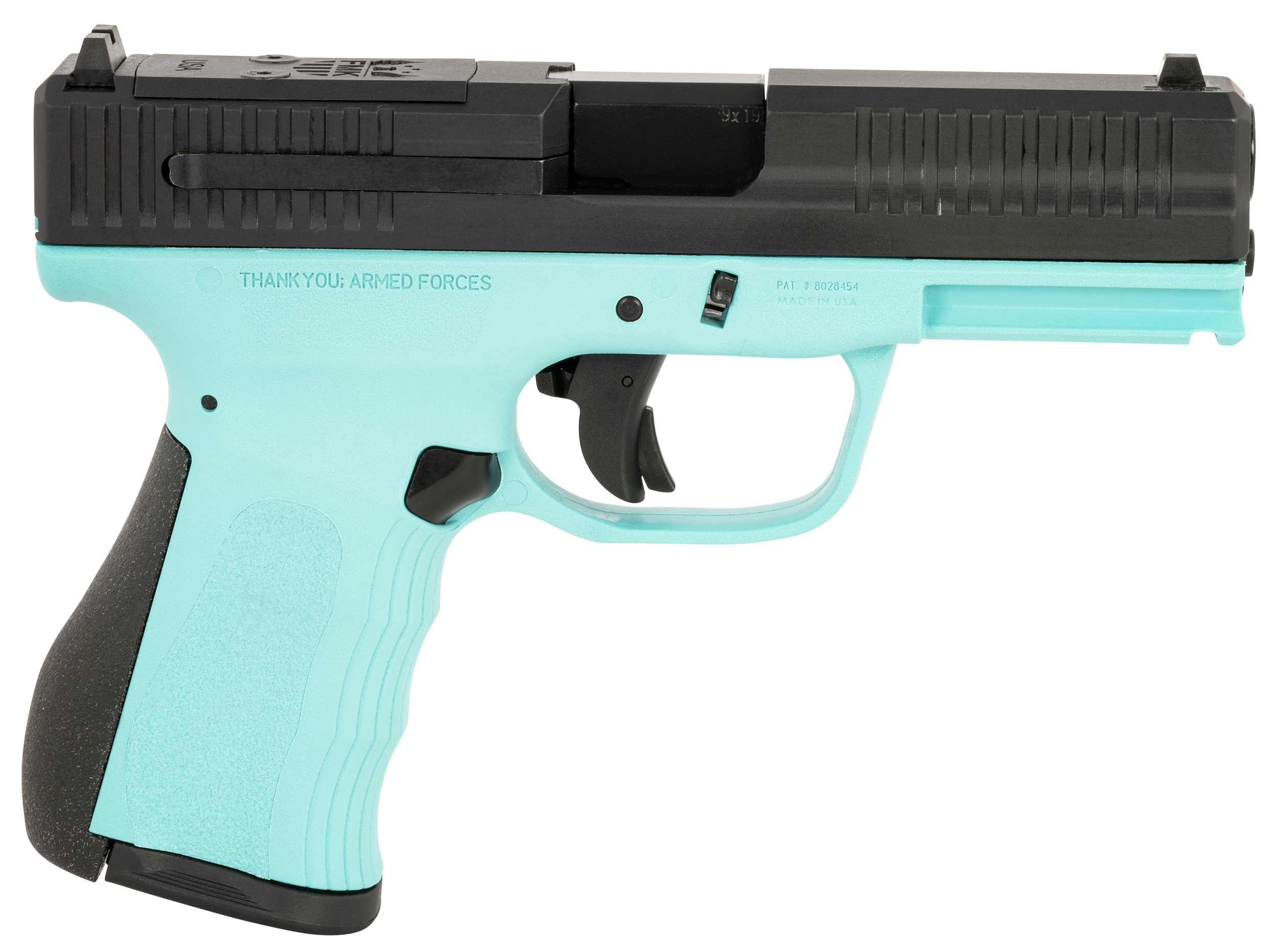 FMK FMKG49BJ G3  9mm Luger 14+1 4" Stainless Steel Barrel, Black Optic Cut/Serrated Carbon Steel Slide, Blue Jay Polymer Frame w/Picatinny Rail, Black Backstrap Grip