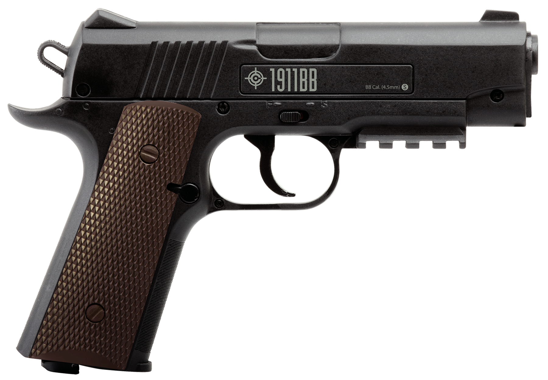Crosman 40001 1911 Air Pistol CO2 177 20+1 Smooth Bore Barrel, Fixed Front/Fixed Notch Rear Sights, Black Checkered Polymer Grips