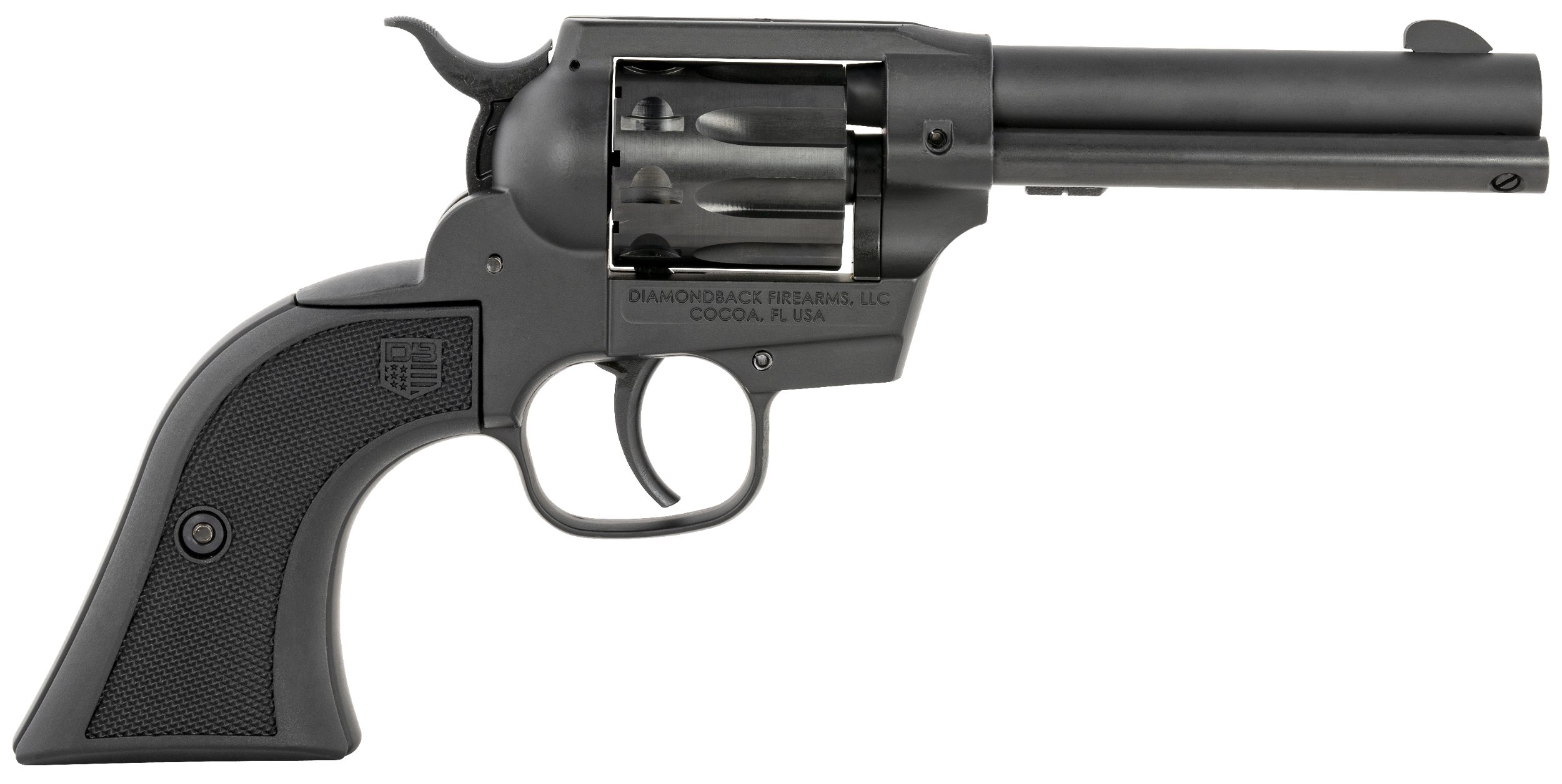 Diamondback DB051CA001 Sidekick  22 LR 9 Shot, 4.50" Black Cerakote Steel Barrel, Black Cerakote Zinc Alloy Frame, Black Cerakote Cylinder, Black Checkered Nylon Grip, Hammer Safety, Exposed Hammer