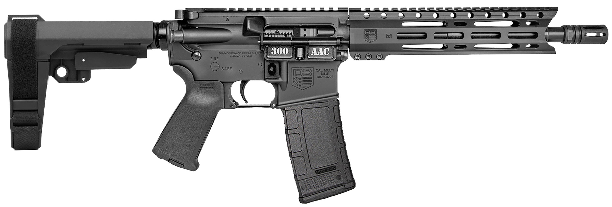 Diamondback DB1916B001 DB15 300 AAC 30+1 10" Black Hard Coat Anodized Heavy Barrel 9" M-LOK Handguard 7075-T6 Aluminum SBA3 Brace Magpul MOE Grip