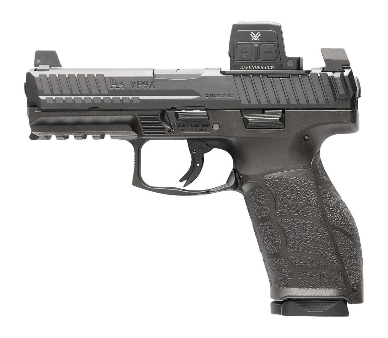 HK 81001355 VP9A1 X w/Optic Full Size Frame 9mm Luger 20+1 4.09" Black Barrel, Black Steel Serrated w/Optic Slide, Black Polymer Frame w/Picatinny Rail, Textured Grip, Vortex CCW