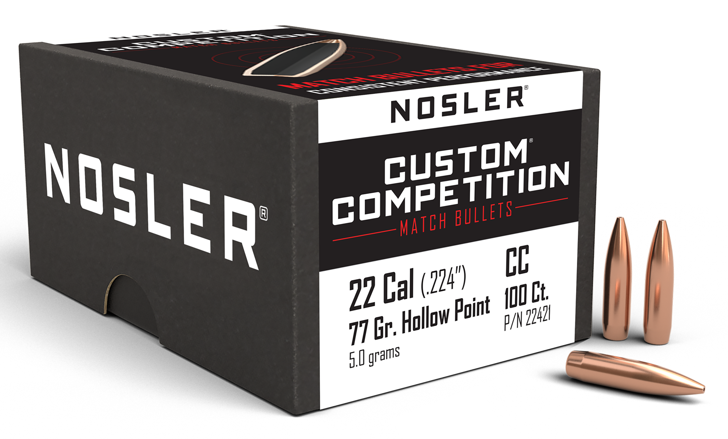 Nosler 22421 Custom Competition 22Cal 77gr Hollow Point Boat Tail 100/Box