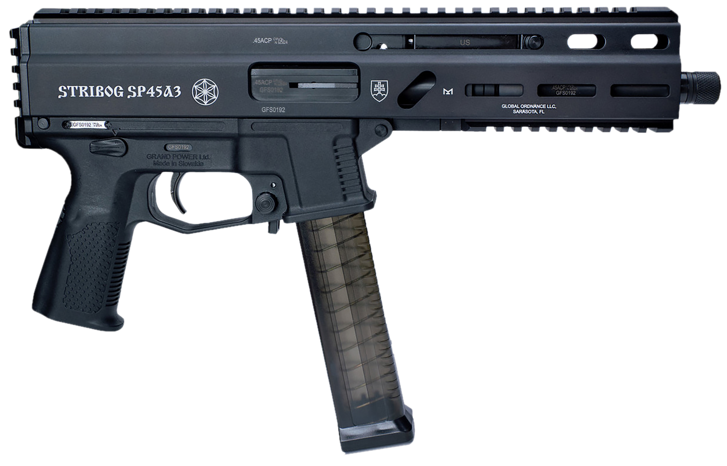 Grand Power 197892003506 SP45A3 Stribog 45 ACP 20+1 8" Black Threaded Barrel, Black Hardcoat Anodize Aluminum/Polymer Receiver w/Picatinny Rail, QD Sling Sockets, Black Polymer Grip, Ambidextrous
