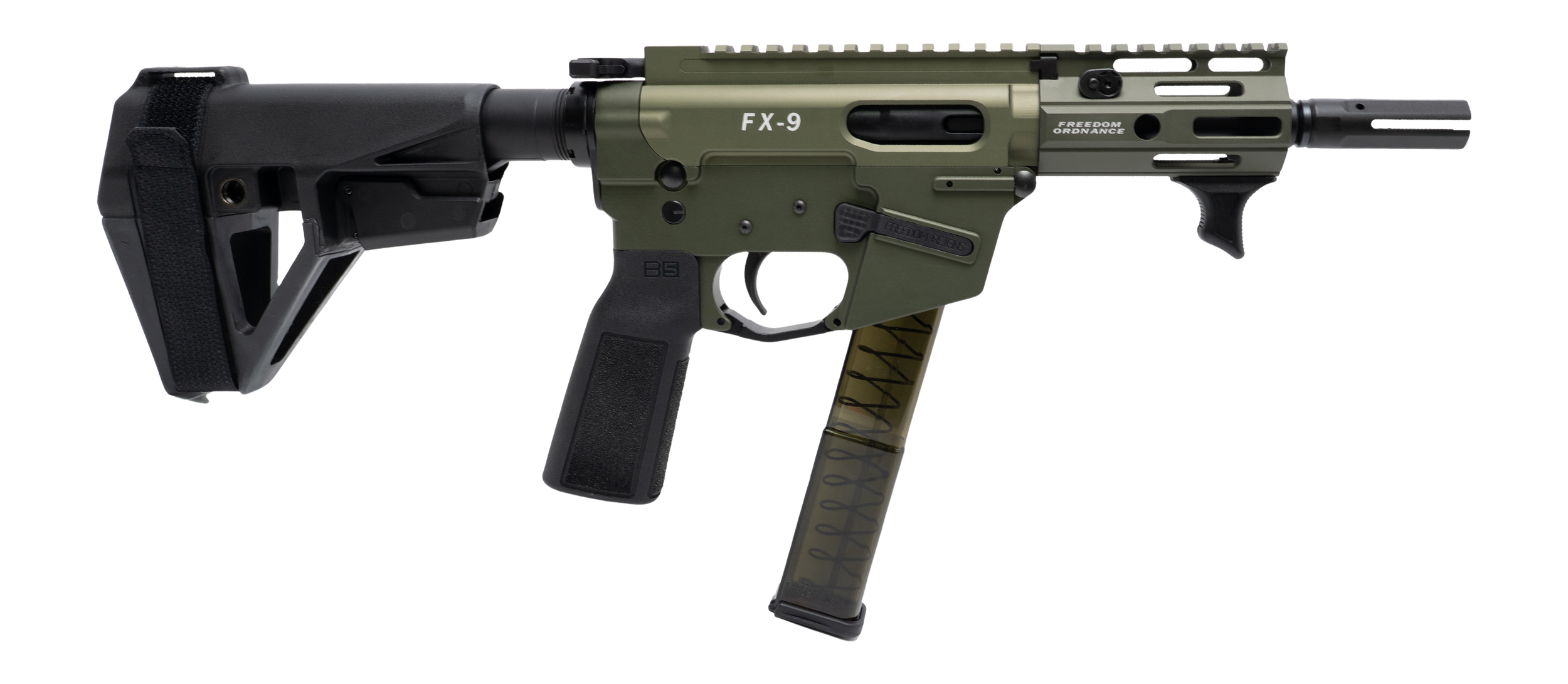 Freedom Ordance FX9P4E-ODG FX9P Elite 9mm Luger 4" Black Nitride Threaded Barrel, OD Green Anodized Aluminum Receiver w/Picatinny Rail, M-LOK Handguard, Black Polymer SB Tactical SBA5 Brace, Black Pol