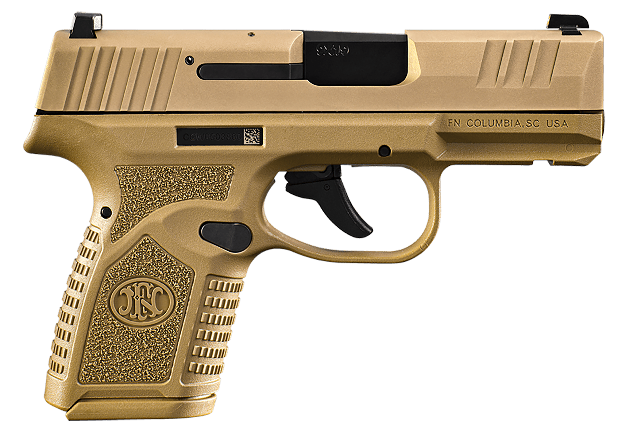 FN 66101413 Reflex Micro-Compact Frame 9mm Luger 10+1, 3.30" Black Target Crown Steel Barrel, Flat Dark Earth PVD Serrated Steel Slide, Flat Dark Earth Polymer Frame w/Picatinny Rail, Ambidextrous