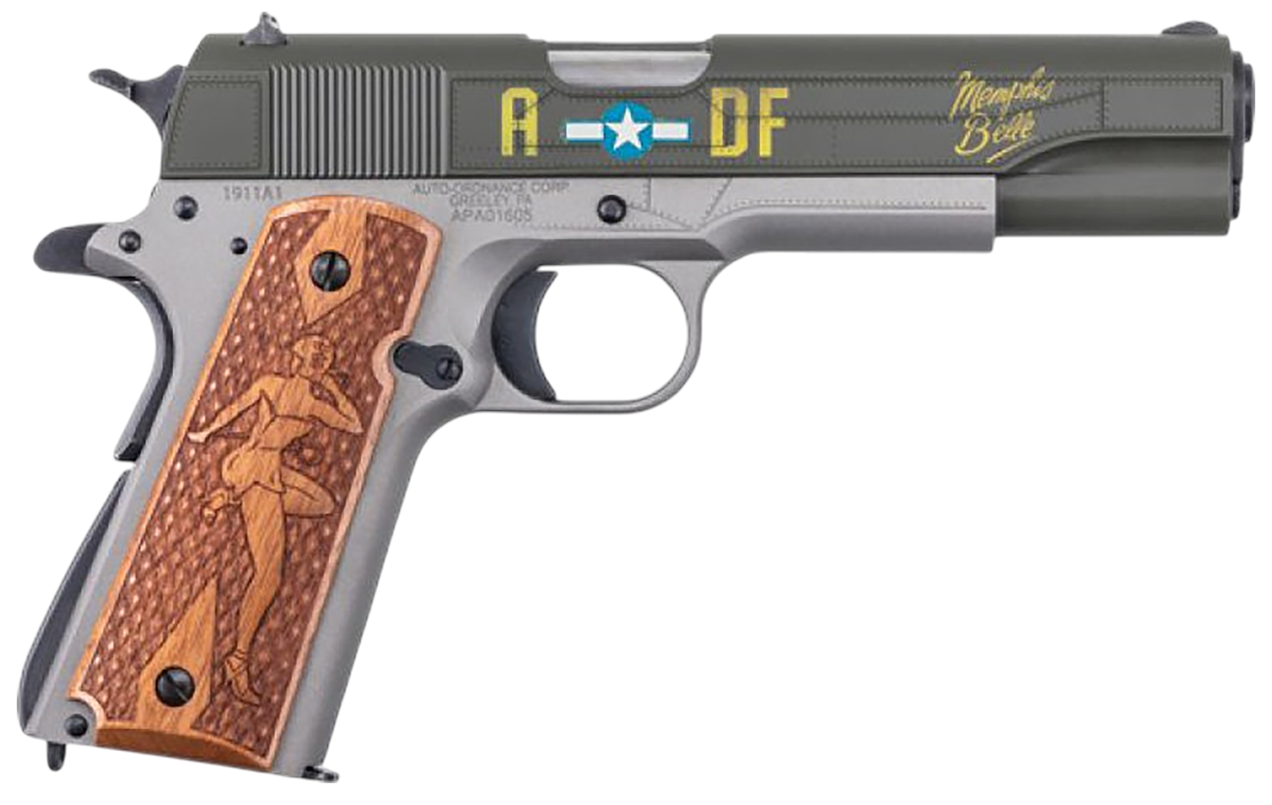 Auto-Ordnance 1911BKOC19 1911 Memphis Belle Full Size Frame 45 ACP 7+1 5" Stainless Steel Barrel, OD Green Cerakote Serrated Slide, Gray Cerakote Steel Frame w/Beavertail, Custom Engraved Wood Grip