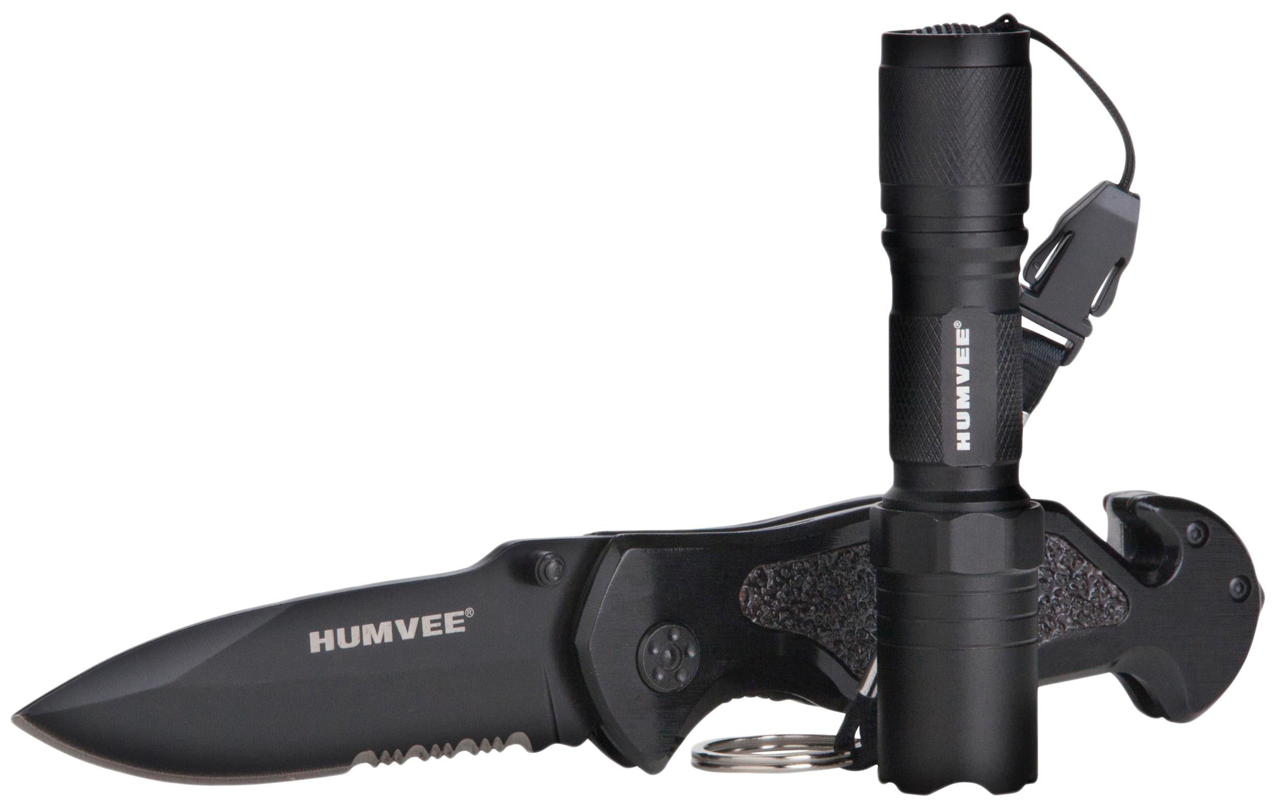 Humvee Adventure Gear HMVKCER1 Rescue Combo 3.25" Folding Spear Point Part Serrated Stainless Steel Blade Black Aluminum Handle Features Glass Breaker/Pocket Clip/Seatbelt Cutter