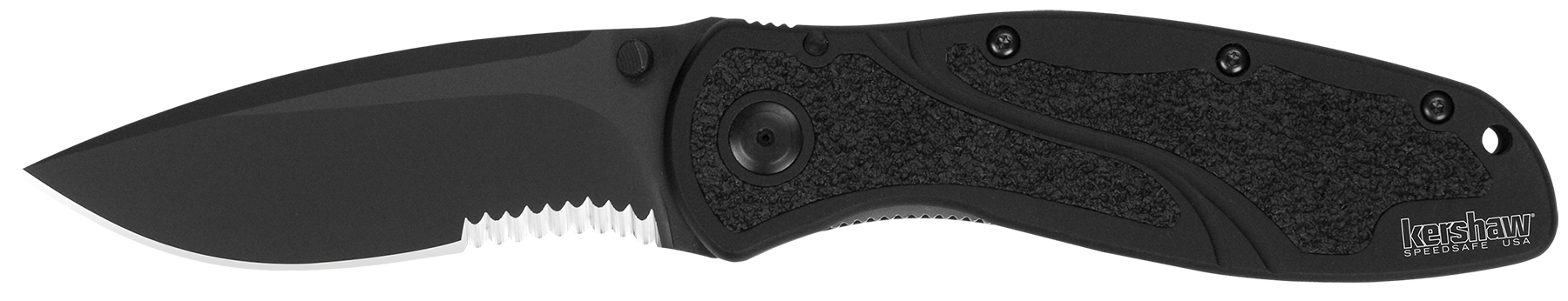 Kershaw 1670BLKST Blur 3.40" Folding Drop Point w/Recurve Part Serrated Black DLC 14C28N Steel Blade Black Anodized Aluminum Handle Includes Pocket Clip