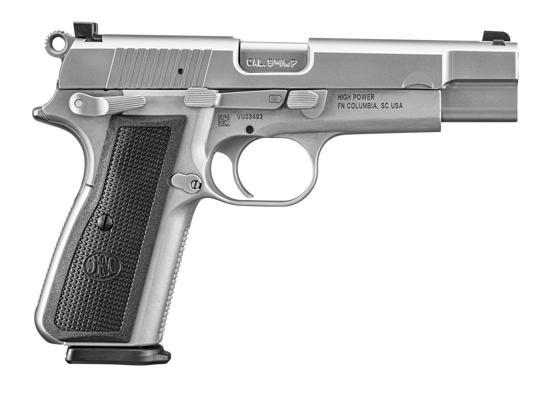 FN 66101068 High Power 9mm Luger 17+1, 4.70" Black Target Crown Steel Barrel, Stainless PVD Serrated Steel Slide, Matte Stainless Steel Frame w/Beavertail, Black Textured Polymer Grip, Ambidextrous