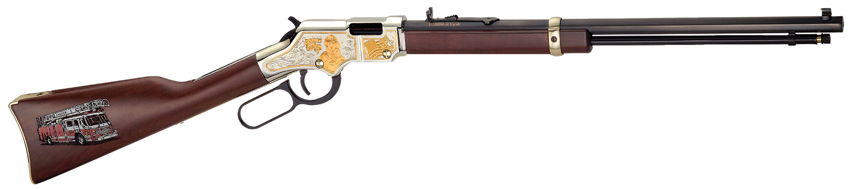 Henry H004FM Golden Boy Firefighter Tribute 22 Short, 22 Long or 22 LR Caliber with 16 LR/21 Short Capacity, 20" Blued Barrel, Nickel-Plated Metal Finish & American Walnut Stock Right Hand (Full Size)