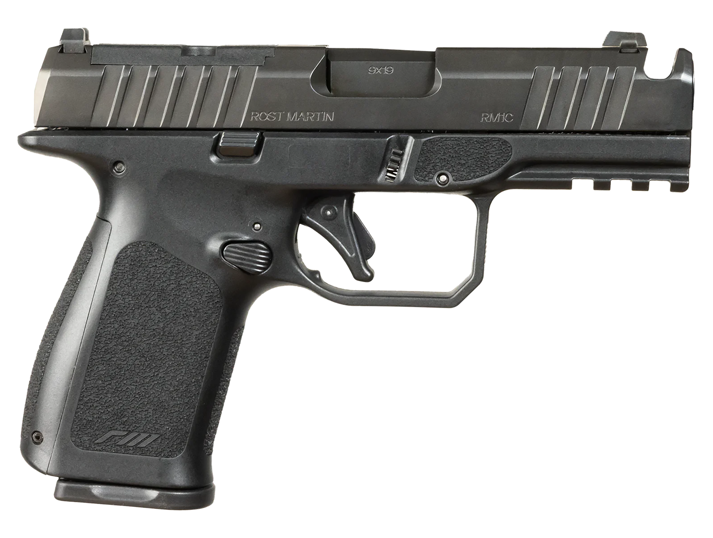 Rost Martin RM1CBLKOSP(COMP) RM1C  9mm Luger 17+1 4" Black Compensated Match Grade Barrel, Black Tenifer Optic Ready/Serrated Steel Slide, Black Polymer Frame w/Picatinny Rail, Textured Grip