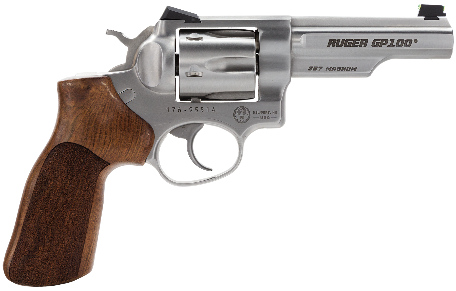 Ruger 1754 GP100 Match Champion Medium Frame 357 Mag 6rd 4.20" Satin Stainless Steel Half-Lug Barrel, Cylinder & Frame, Hogue Stippled Hardwood Grip, Transfer Bar Safety, Exposed Hammer