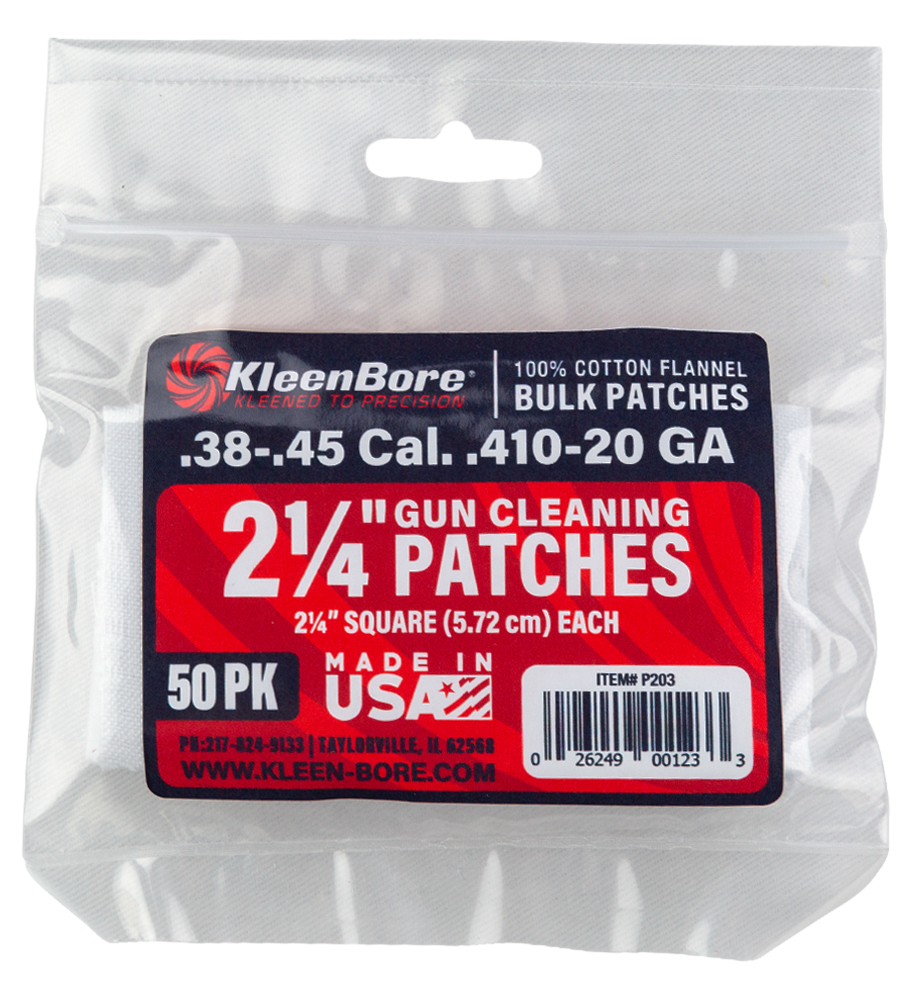 KleenBore P203 Super Shooter  .38/ .45 Cal 20/.410 Gauge 2.25" 100% Cotton Flannel 50 Per Pack