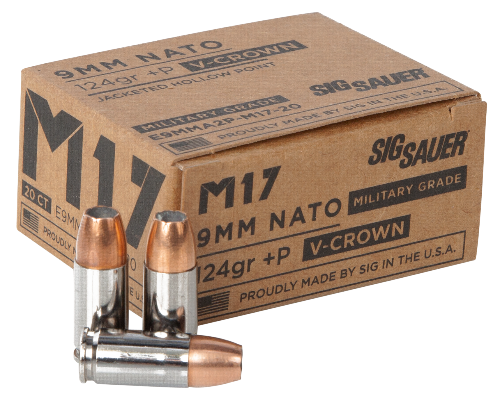 Sig Sauer E9MMA2PM1720 Military Grade M17 9mmLuger+P 124gr V-Crown Jacketed Hollow Point 20 Per Box/10 Case