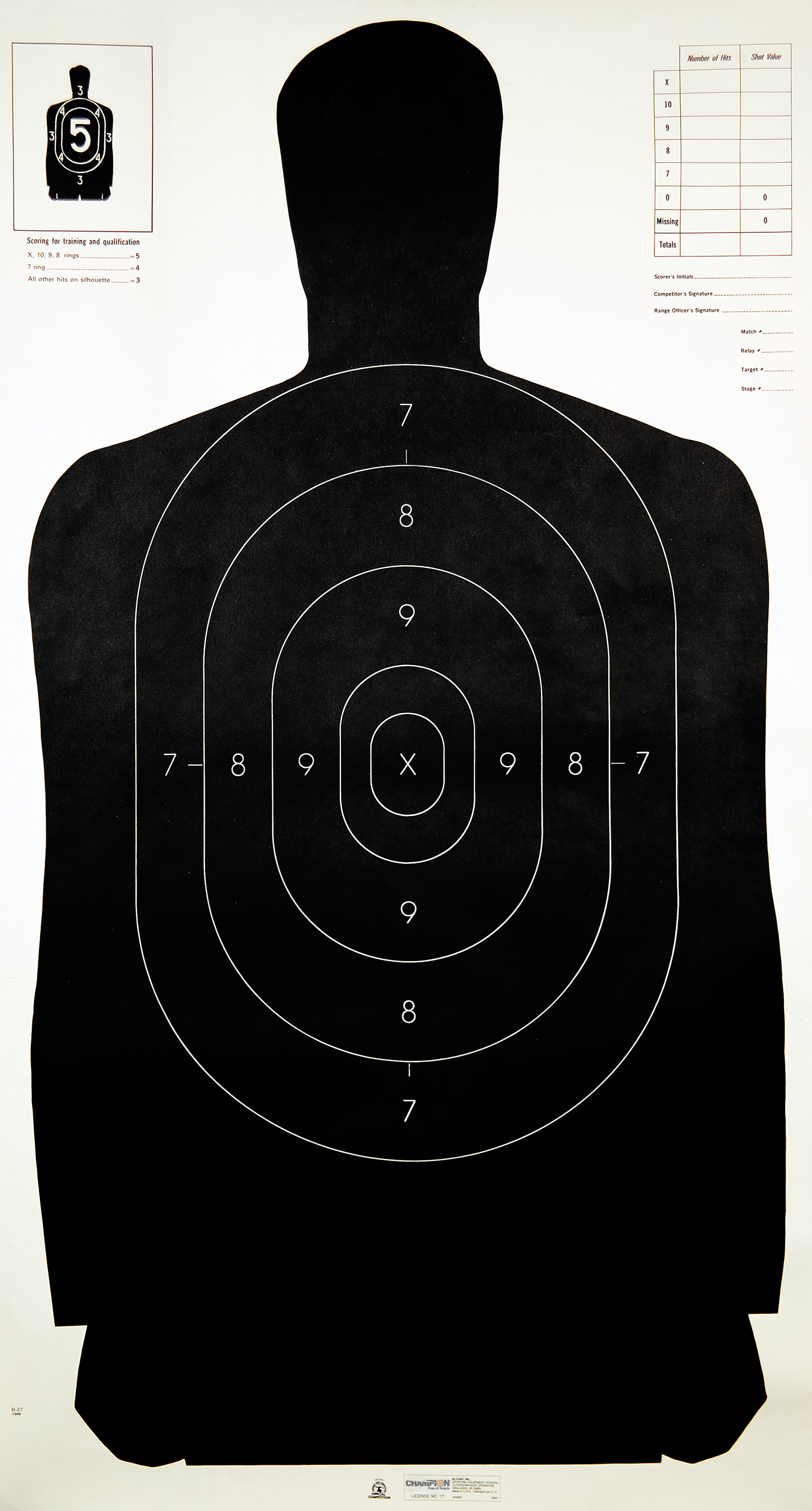 Champion Targets 40727 Law Enforcement Silhouette B-27 Hanging Paper Target Black/White 100 Per Pack