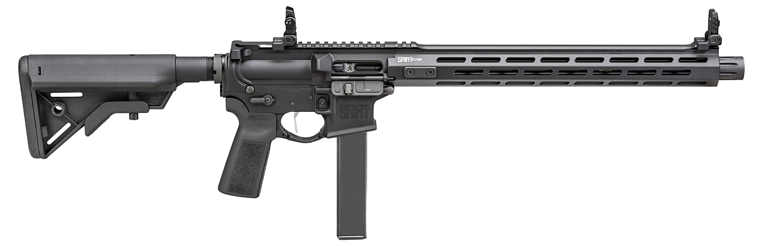 Springfield Armory STV91609B SAINT Victor 9mm Luger 16" 32+1, Black, B5 Systems Bravo Stock & Type 23 Grip, Flip-Up Sights, Blast Diverter