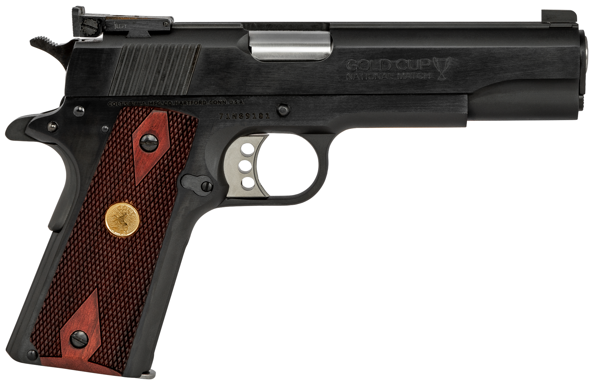 Colt Mfg O5873A1 1911 Gold Cup 38 Super Caliber with 5" National Match Barrel, 9+1 Capacity, Overall Blued Finish Steel, Serrated Slide & Double Diamond Checkered Rosewood Grip