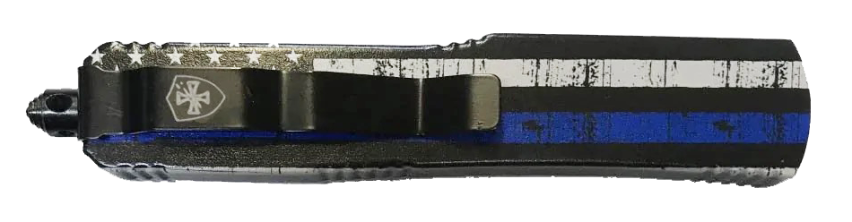 Templar Knife MBTB331 Gen II Back The Blue Slim 3.43" OTF Drop Point Plain Black Oxide Stonewashed 440C SS Blade, 5.05" Black & White w/Blue Line Aluminum Handle, Glass Breaker