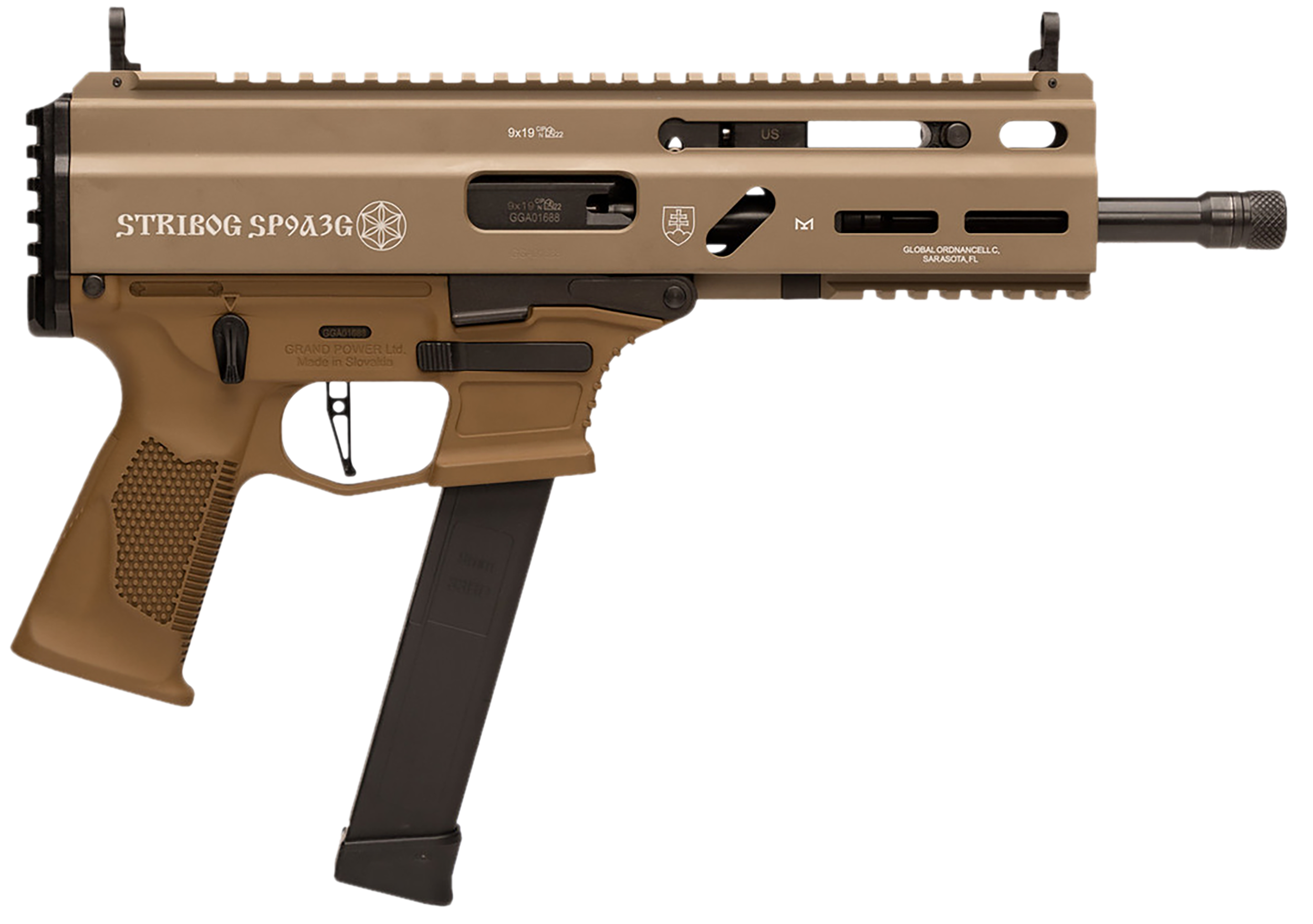 Grand Power 810091156155 SP9A3G Stribog 9mm Luger 30+1 8" Black Threaded Barrel, M-LOK Handguard, Flat Dark Earth Cerakote Aluminum/Polymer Receiver w/Picatinny Rail, FDE Polymer Grip, Ambidextrous
