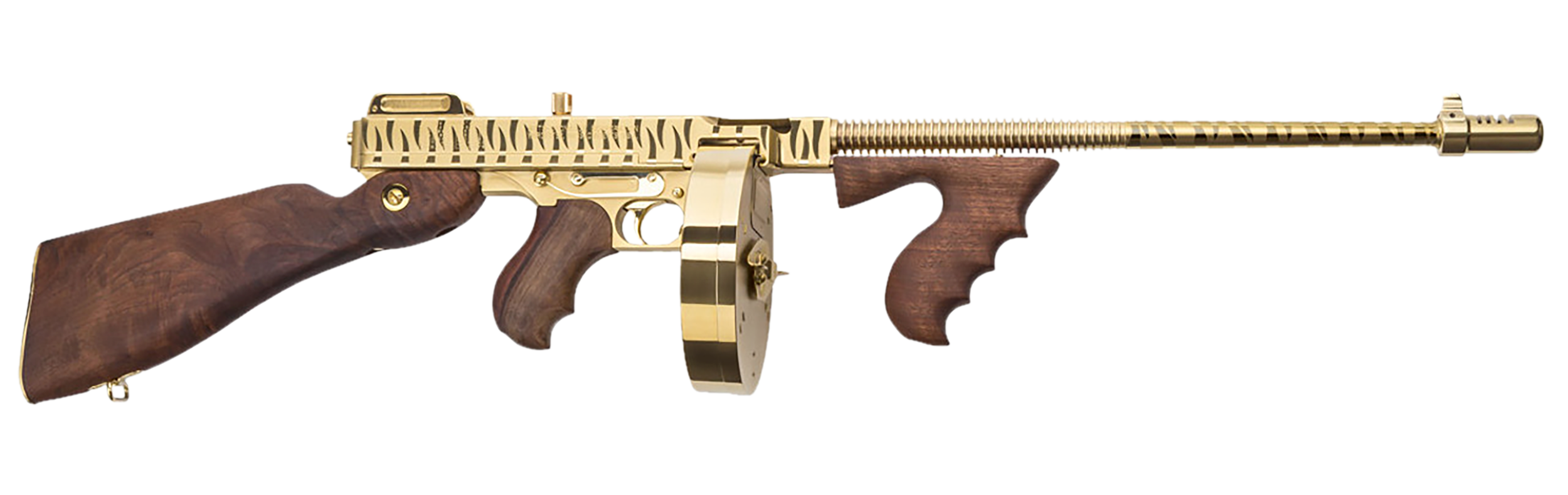 Thompson T150DTGTS 1927A-1 Deluxe 45 ACP Caliber with 16.50" Barrel, 20+1 Capacity (Stick), 50+1 Capacity (Drum), Gold w/Tiger Stripe Metal Finish, American Walnut Stock Wood Grip Right Hand