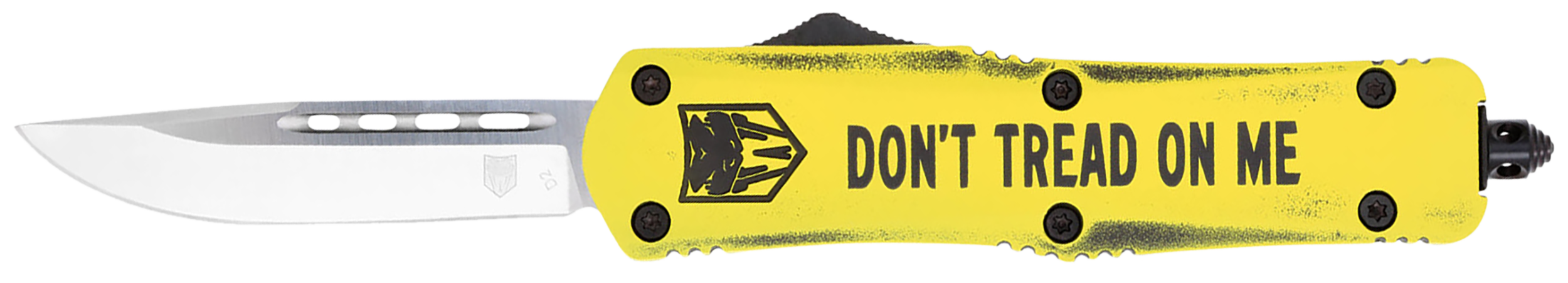 CobraTec Knives MDTOMFS3DNS FS-3 Don't Tread On Me Medium 3" OTF Drop Point Plain D2 Steel Blade Yellow w/"Don't Tread On Me" Aluminum Cerakoted Handle Features Glass Breaker Includes Pocket Clip