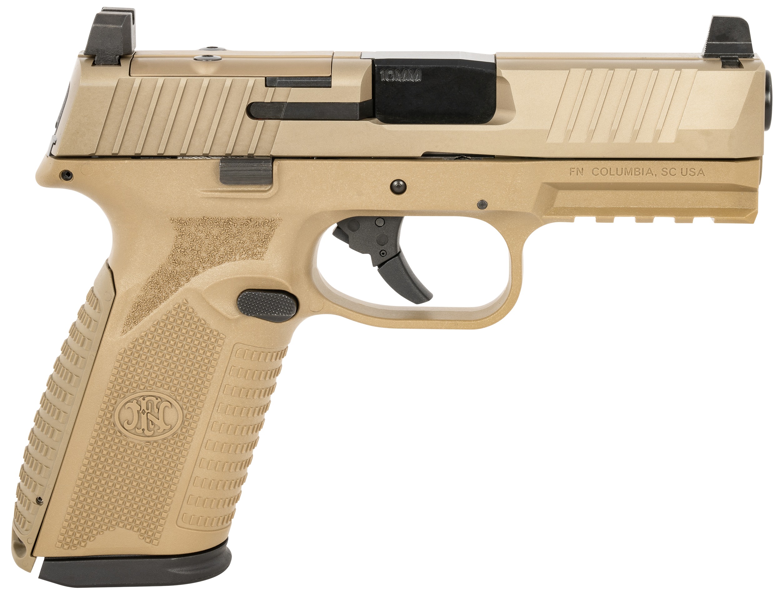 FN 66101382 510 MRD Full Size 10mm Auto 10+1, 4.10" Black Target Crown Steel Barrel, Flat Dark Earth PVD Optic Cut/Serrated Steel Slide & Polymer Frame w/Picatinny Rail, Ambidextrous