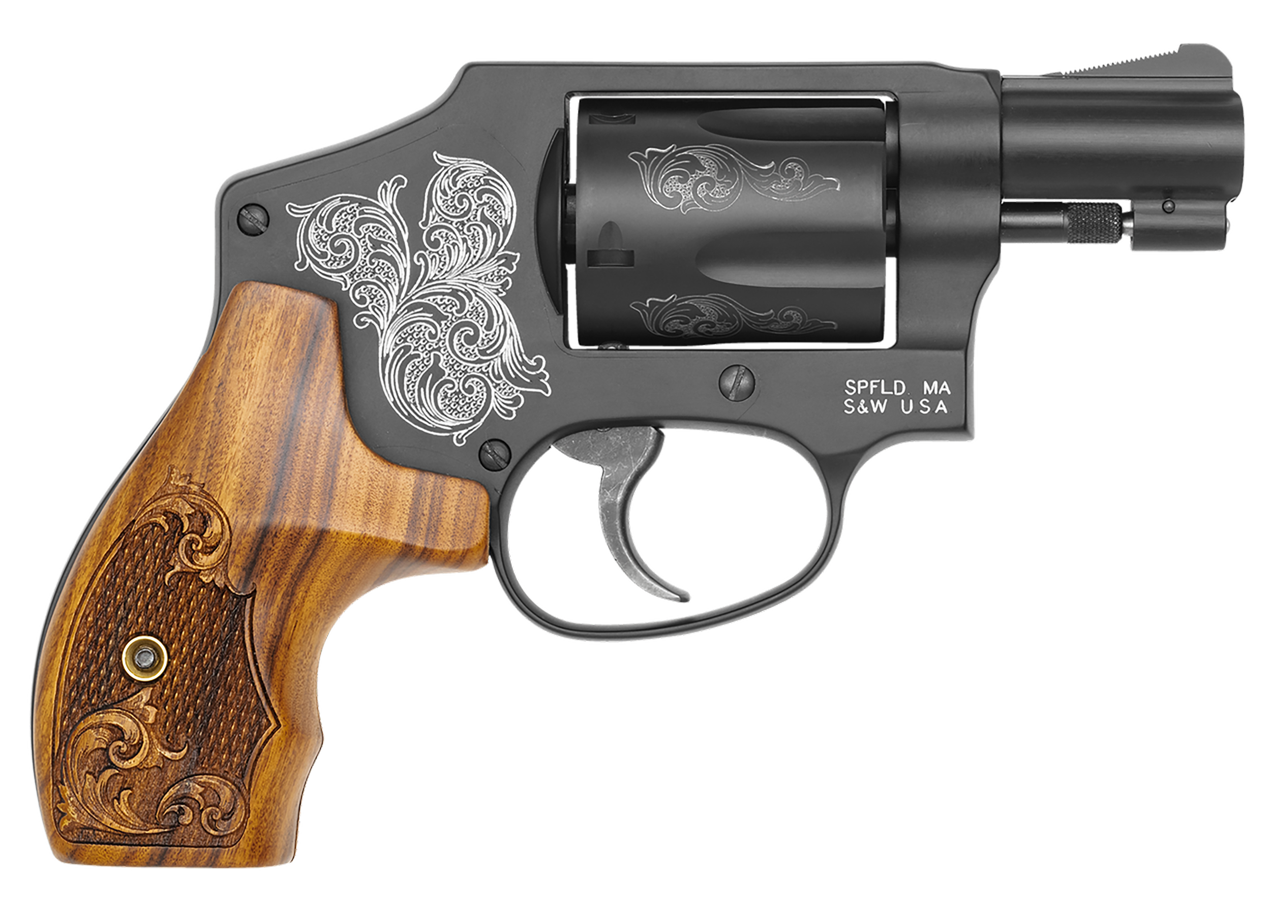 Smith & Wesson 150785 Model 442  38 S&W Spl +P 5 Shot 1.88" Engraved Black Carbon Steel Barrel/Cylinder, Engraved Black Aluminum J-Frame, Engraved Wood Grip, Mahogany Presentation Case