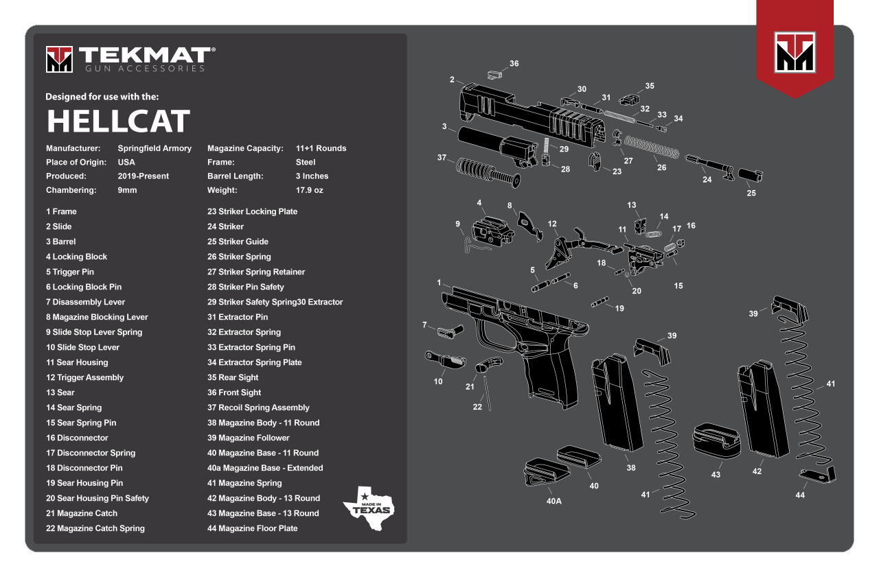 TekMat TEKR17HELLCAT Springfield Armory Hellcat Cleaning Mat Gray/White Rubber 11"x17" Springfield Hellcat Parts Diagram