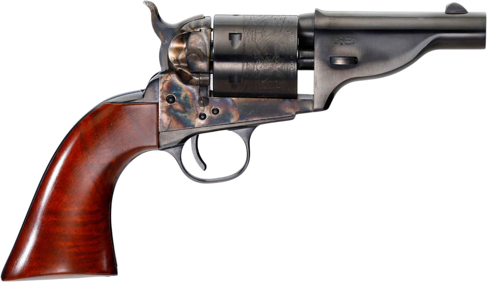 Taylors & Company 550958 Uberti Hickok Open-Top 38 Special 6 Shot 3.50" Blued Barrel, Blued Engraved Cylinder, Color Case Hardened Steel Frame, Walnut Army Grip, Hammer Bar Safety, Exposed Hammer