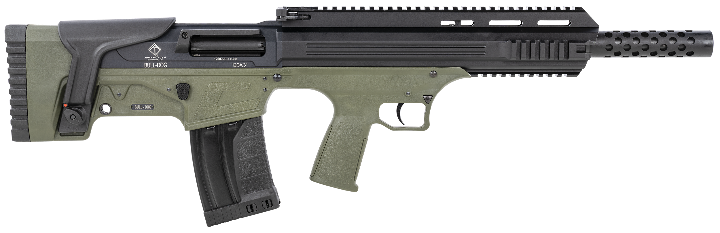 ATI ATIG12BDG Bulldog  12 Gauge Semi-Auto 3" 5+1 18.50" Black Steel Barrel, Black Aluminum Receiver, Picatinny Rail, Green Fixed Bullpup Stoc & Grip