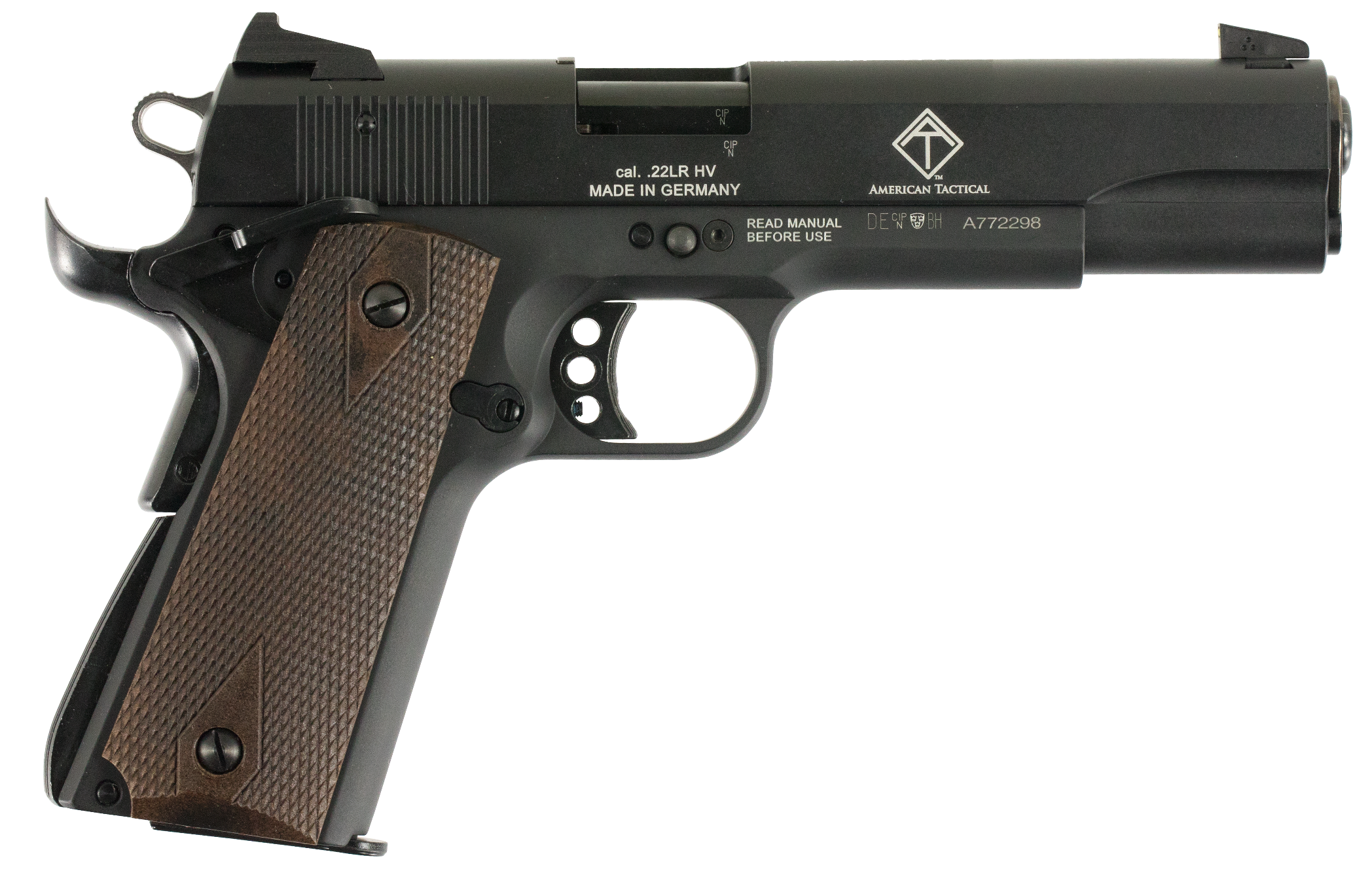 GSG GSG2210M1911 1911 22 LR 10+1 5" Threaded Barrel, Black Anodized Serrated Slide & Zinc Alloy w/Beavertail Frame, Double Diamond Walnut Grip