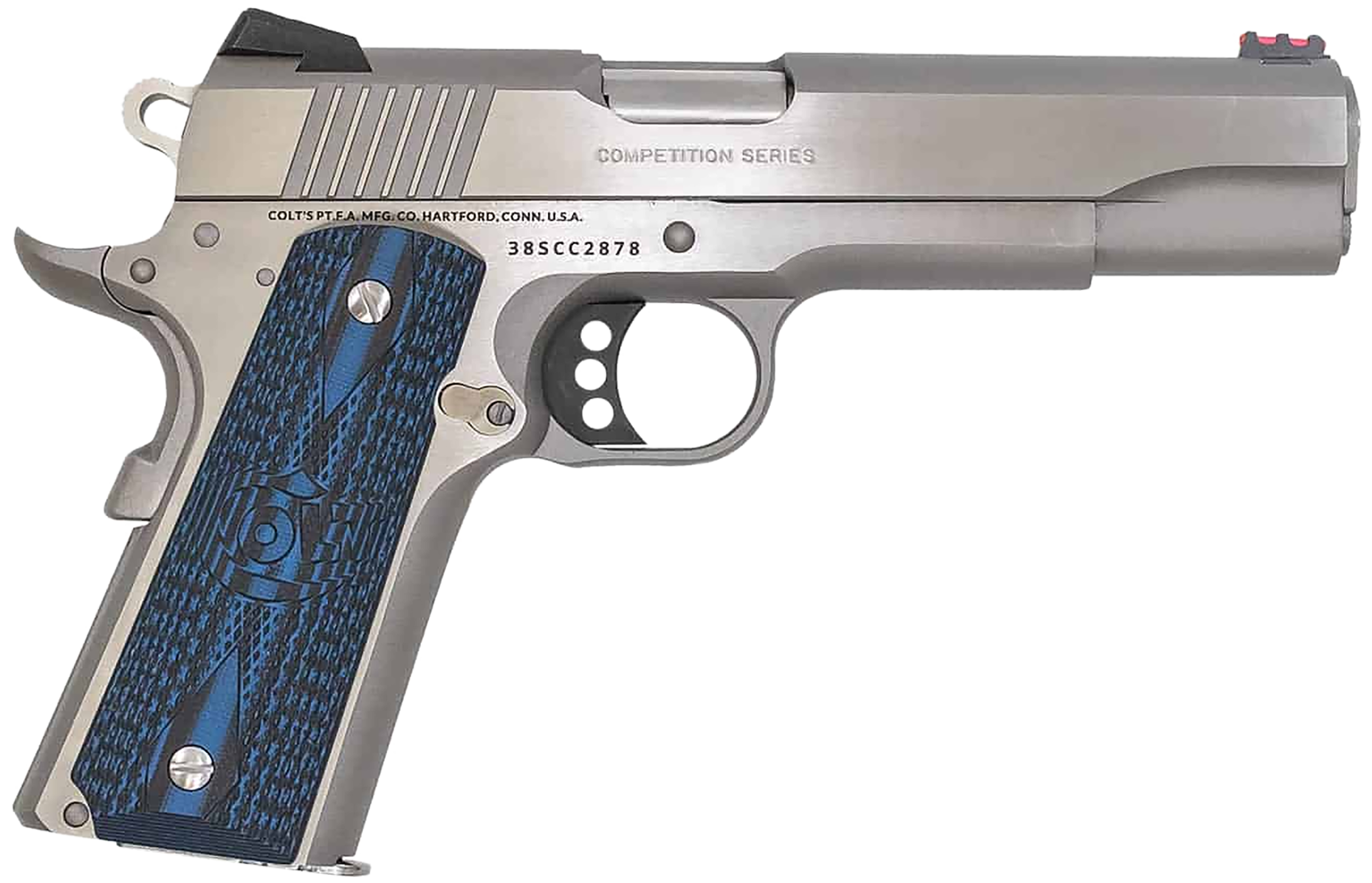 Colt Mfg O1073CCS Competition Government 38 Super 9+1 5" Stainless National Match Barrel, Serrated Slide & Frame w/Beavertail, Checkered Blue G10 Grip, Ambidextrous