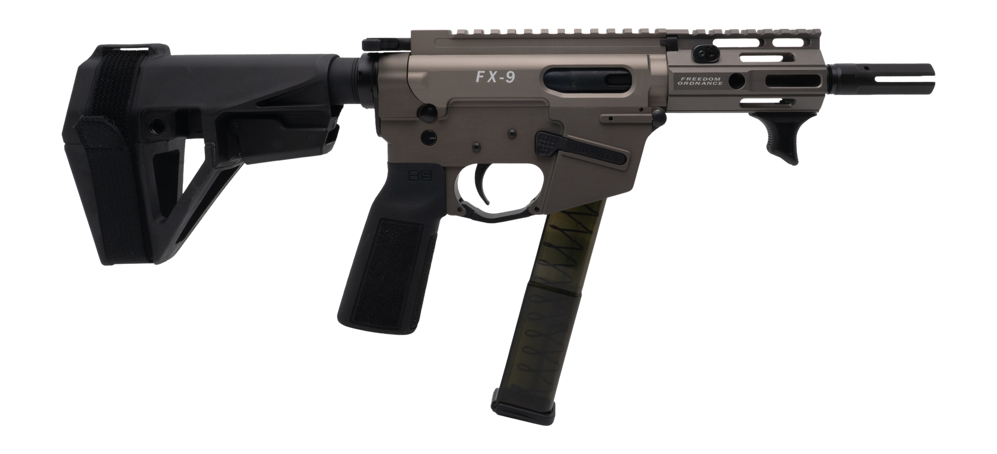 Freedom Ordance FX9P4E-FDE FX9P Elite 9mm Luger 4" Black Nitride Threaded Barrel, Flat Dark Earth Anodized Aluminum Receiver w/Picatinny Rail, M-LOK Handguard, Black Polymer SB Tactical SBA5 Brace, Bl