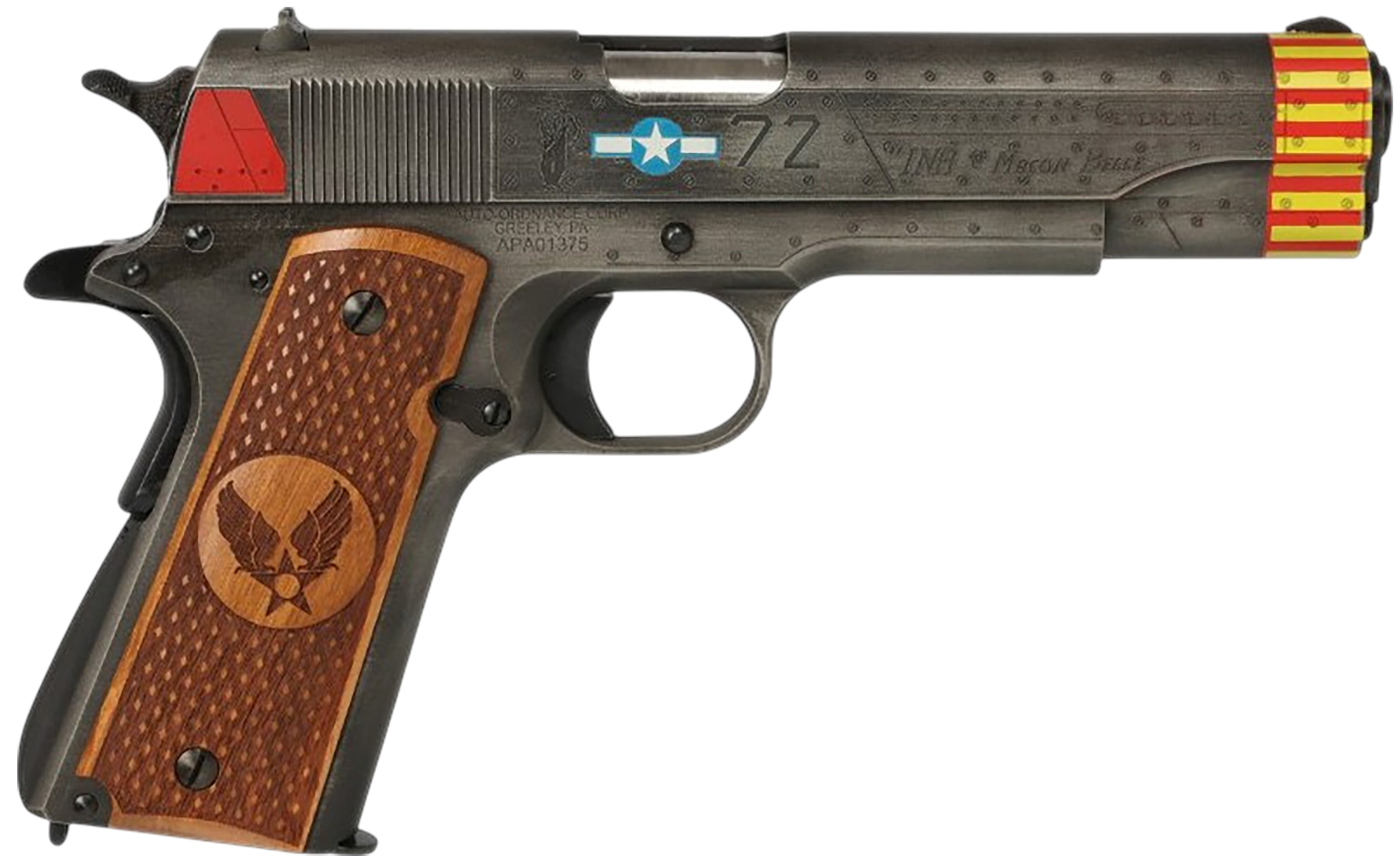 Auto-Ordnance 1911BKOC18 1911 Red Tails Full Size Frame 45 ACP 7+1 5" Stainless Steel Barrel, Savage Cerakote Serrated Slide, Savage Cerakote Steel Frame w/Beavertail, Custom Engraved Wood Grip