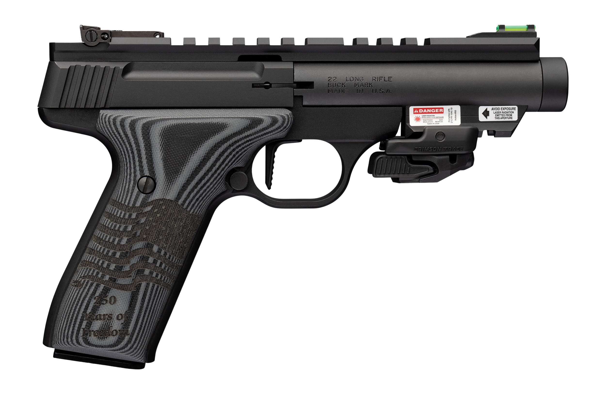 Browning 051612490 Buck Mark Black Label 250 SR 22 LR 10+1 4.40" Matte Black Threaded Bull Barrel, Matte Black Aluminum Frame w/Picatinny Rail Top & Bottom, Black G10 Grip w/ Inscribed Waving Flag, Cr