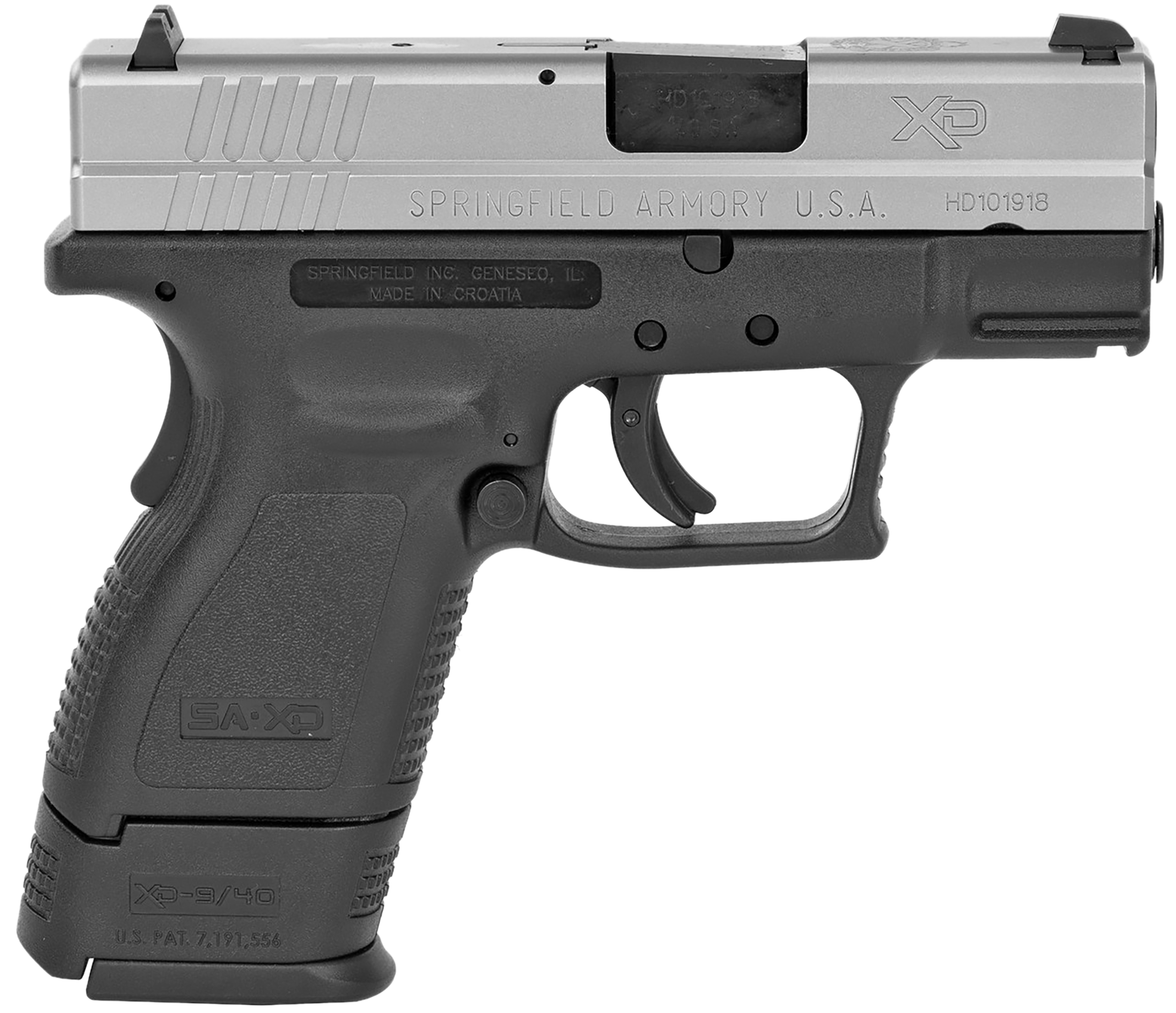 Springfield Armory XD9822 XD *CA Compliant Sub-Compact Frame 40 S&W 9+1, 3" Black Melonite Steel Barrel, Serrated Stainless Steel Slide, Black Polymer Frame w/Picatinny Rail