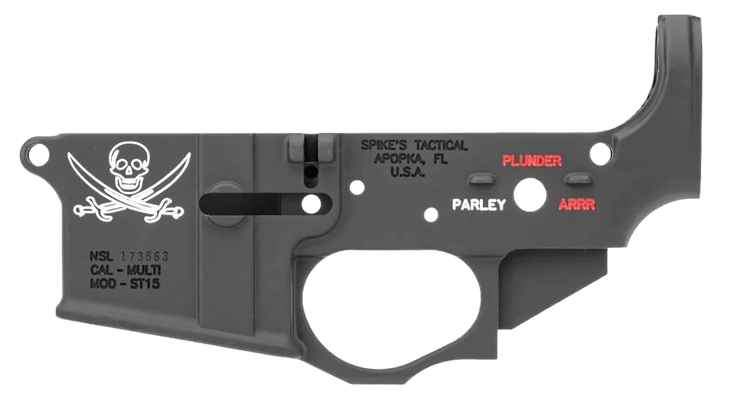 Spikes STLS016CFA Calico Jack Stripped Lower Receiver Multi-Caliber 7075-T6 Aluminum Black Anodized with Color Fill for AR-15