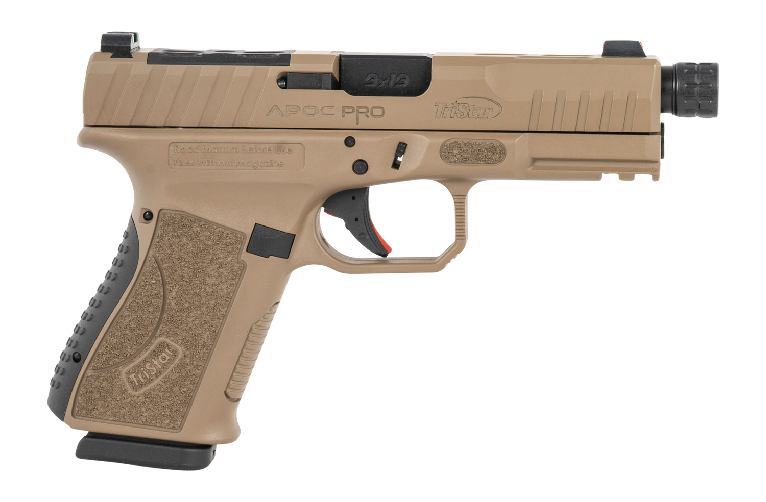 TriStar 85784 Apoc Pro 9mm Luger 15+1 4.50" Black Threaded Barrel, Flat Dark Earth Cerakote Steel Optic Ready/Serrated Slide, Flat Dark Earth Polymer Frame w/Picatinny Rail, Interchangeable Backstrap