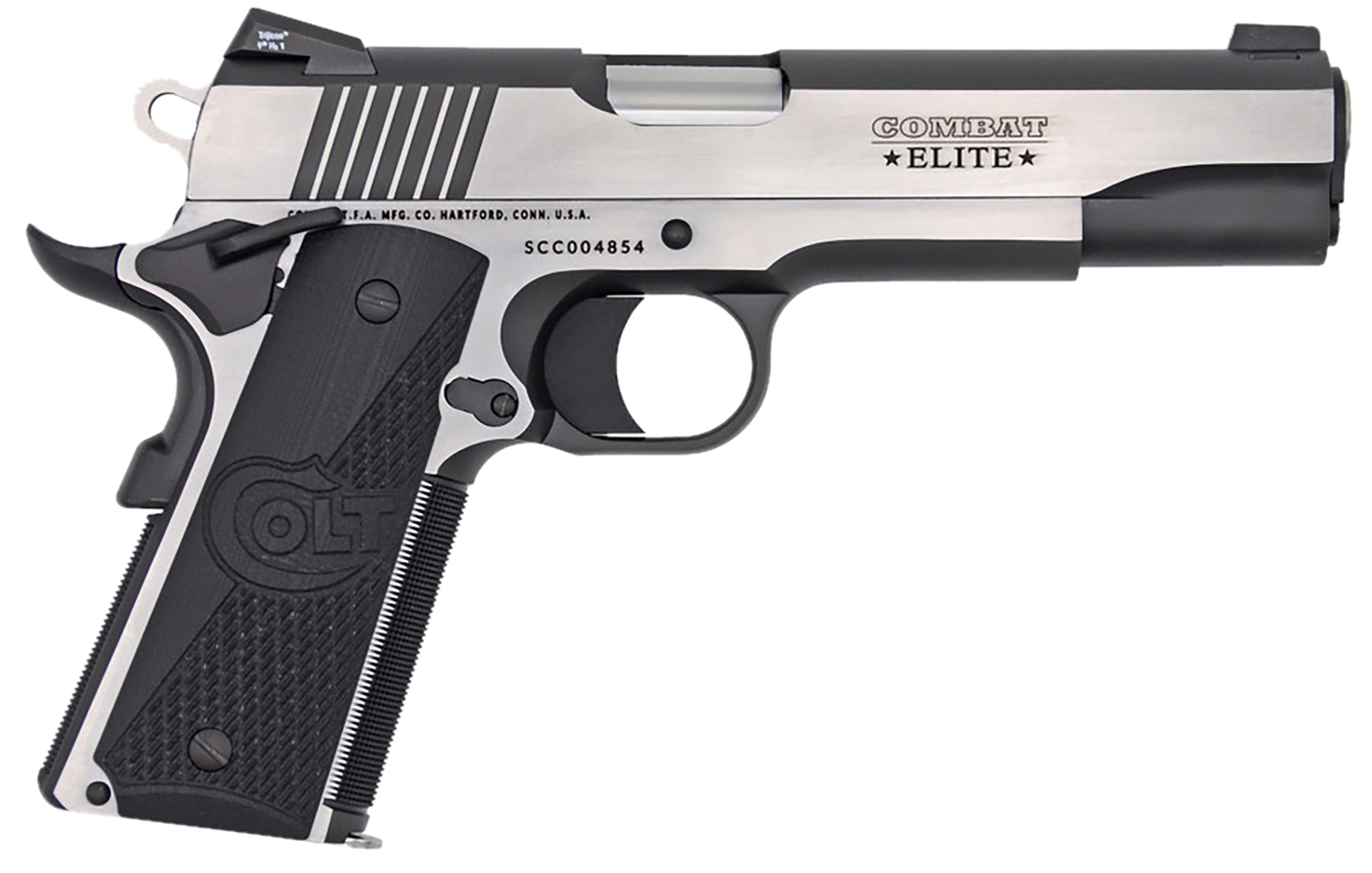 Colt Mfg O1072CE 1911 Combat Elite Government 9mm Luger 5" 9+1 Overall Two-Tone Elite Finish Stainless Steel Frame & Slide with Half Checkered & Scalloped Black G10 Grip & Night Sights