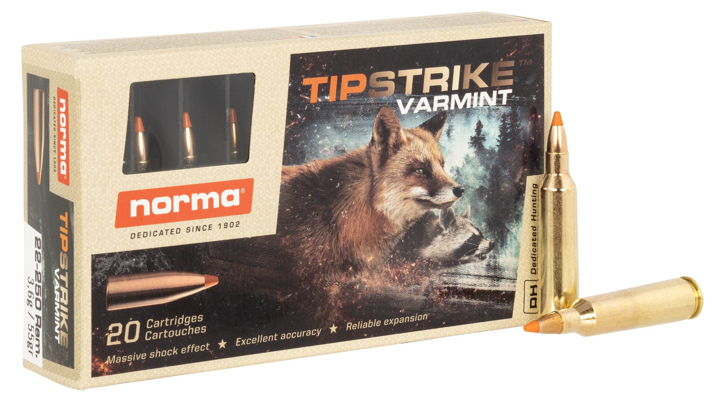 Norma Ammunition 20157372 Dedicated Hunting Varmint 22-250Rem 55gr Polymer Tip 20 Per Box/10 Case