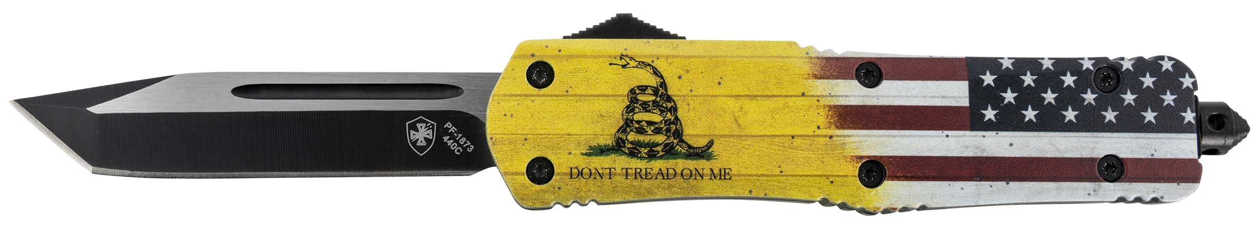 Templar Knife LDTOM231 Gen II Don't Tread On Me Large 3.50" OTF Tanto Plain Black Oxide Stonewashed 440C SS Blade, 5.25" Yellow w/Flag & "Don't Tread On Me" Aluminum Handle, Glass Breaker