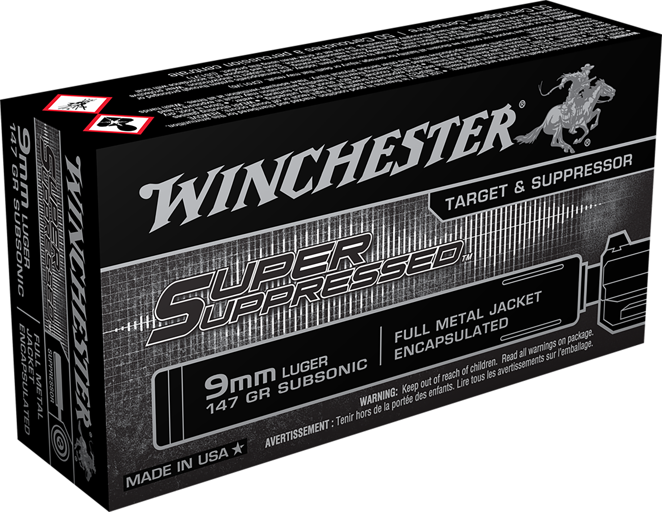 Winchester Ammo SUP9 Super Suppressed  9mmLuger Subsonic 147gr Encapsulated Full Metal Jacket 50 Per Box/10 Case