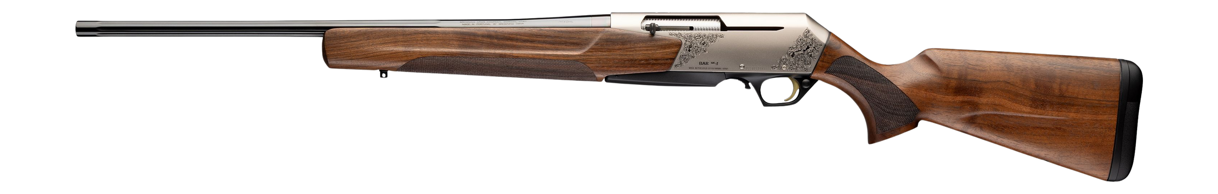 Browning 039032211 BAR MK4 Medallion Full Size 243 Win 4+1 22" Polished Blued Fluted Barrel, Matte Nickel Engraved Aluminum Alloy Drilled & Tapped Receiver, Oiled Turkish Walnut Fixed Stock, Left Hand