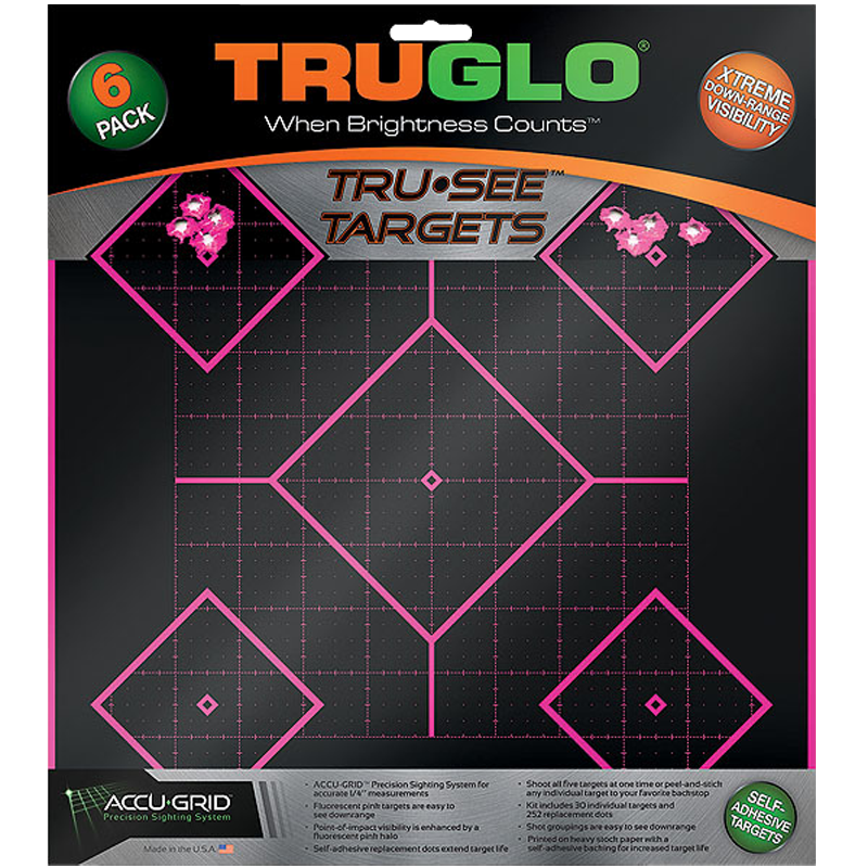 TruGlo TG14P6 Tru-See 5- Diamond Target Self-Adhesive Heavy Paper Black/Pink 12"x12" 6 Pack