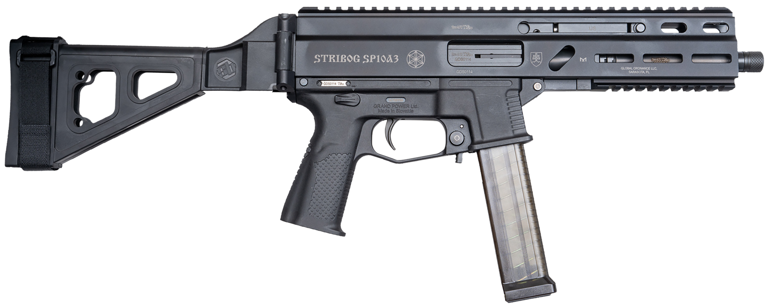 Grand Power 197892004848 SP10A3 Stribog 10mm Auto 20+1 8" Black Threaded Barrel, Black Aluminum Picatinny Rail Receiver, Black Polymer SB Tactical Brace, Black Polymer Grip, Thread Protector
